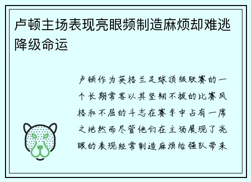 卢顿主场表现亮眼频制造麻烦却难逃降级命运